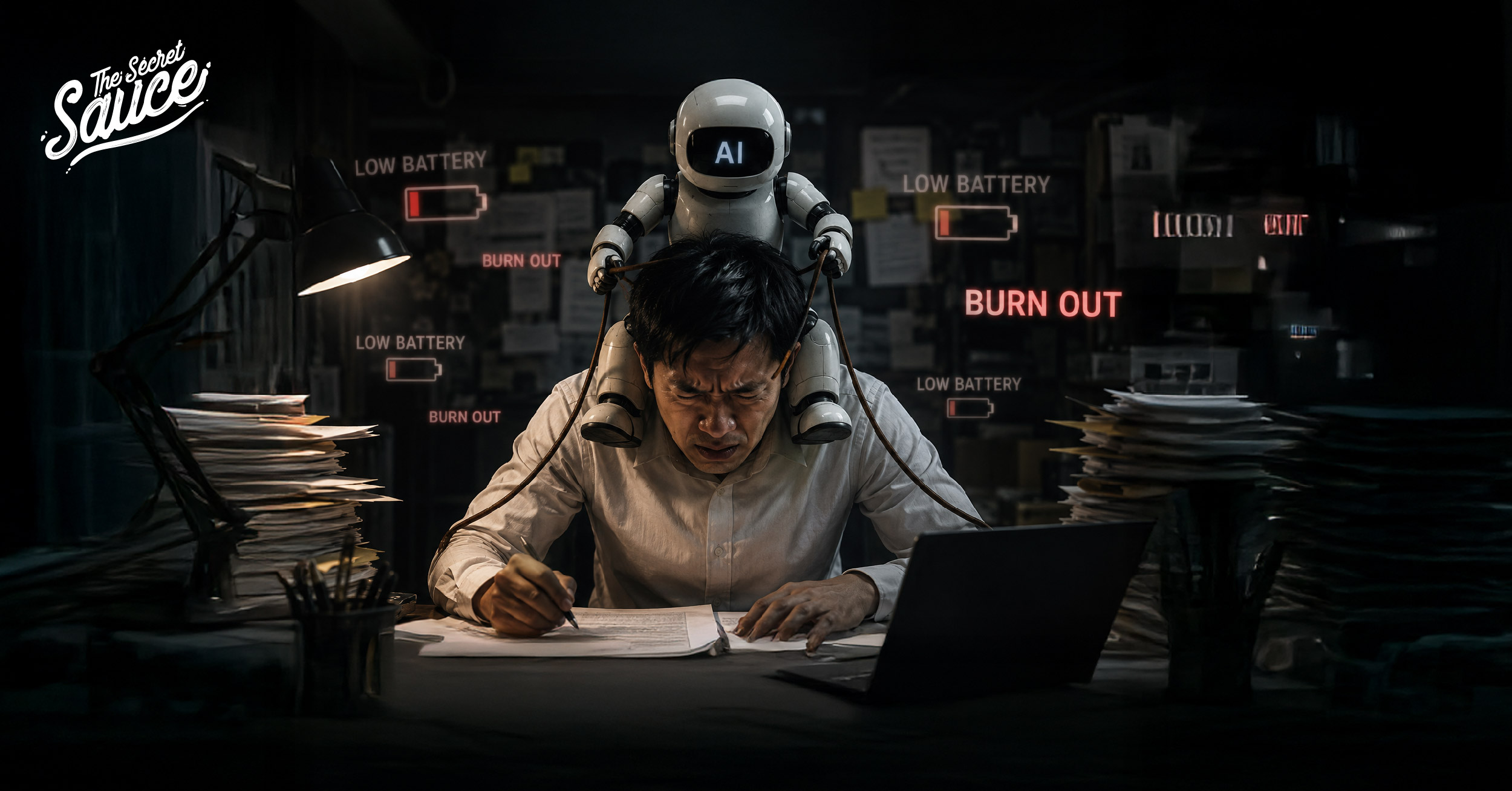 ภาพคนทำงานกำลังรู้สึกเหนื่อยล้าจากการใช้ AI แสดงถึงภาวะสมองไหม้เกรียม