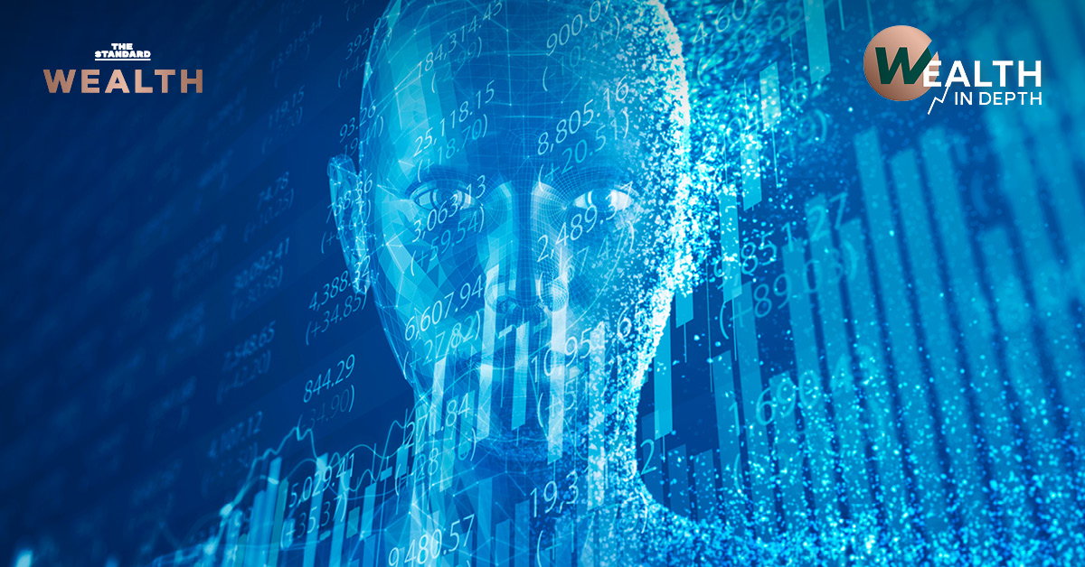 ภาพกราฟหุ้นและสัญลักษณ์ AI แสดงถึงอิทธิพลของ AI ในตลาดหุ้น