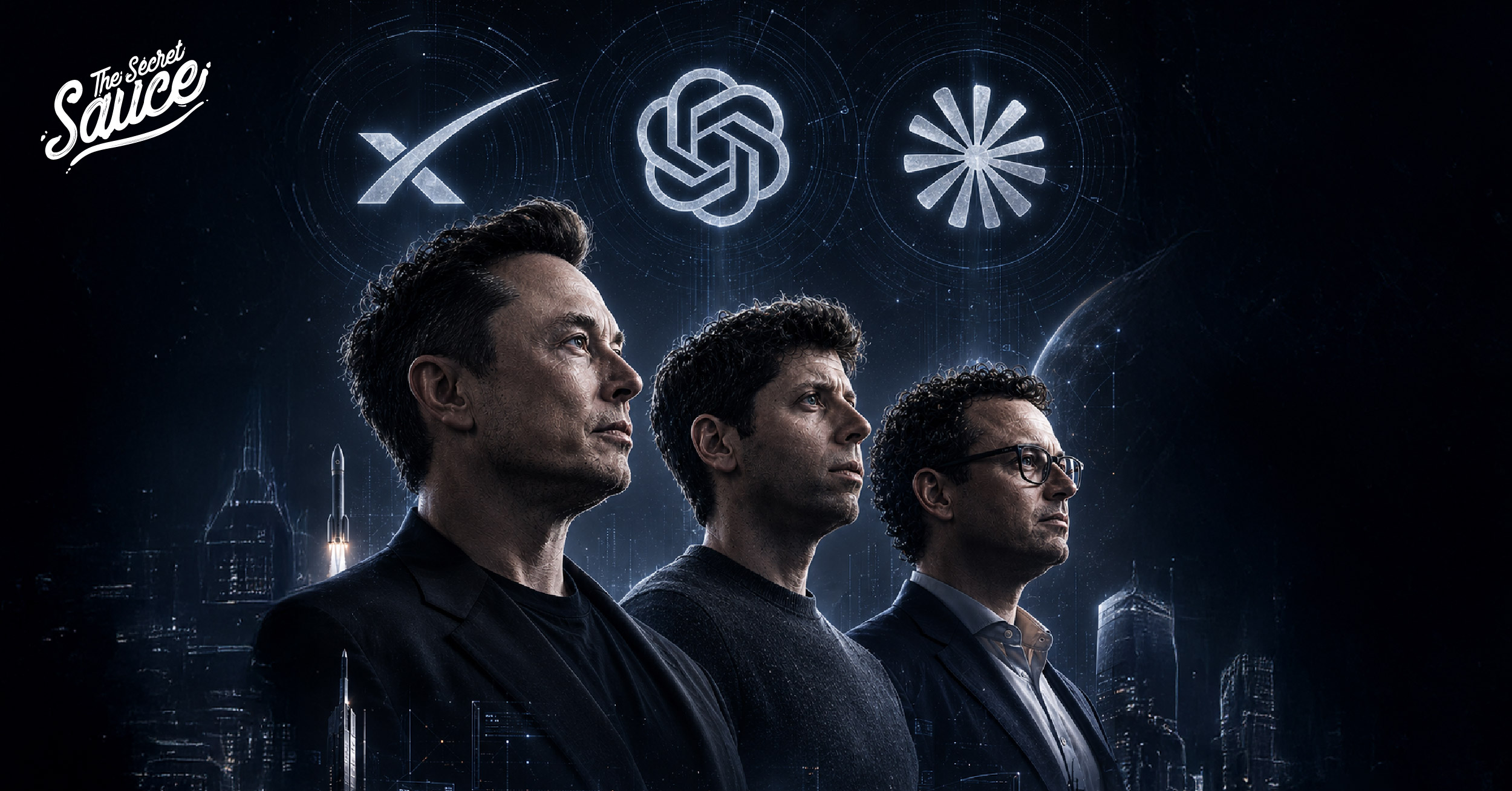 ภาพประกอบแสดงโลโก้ 3 บริษัทเทคโนโลยี SpaceX, OpenAI, Anthropic และสัญลักษณ์ AI