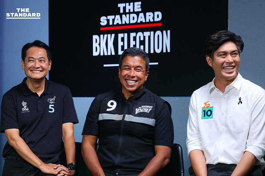 ภาพผู้สมัครผู้ว่าฯ กทม. ทั้ง 3 คนบนเวทีดีเบต THE STANDARD 9