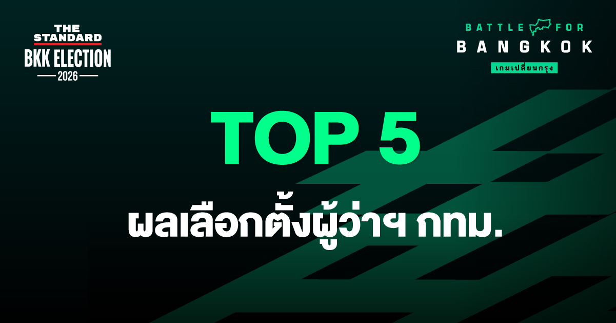 ภาพกราฟิกสรุปผลการเลือกตั้งผู้ว่าฯ กทม. อย่างไม่เป็นทางการ 5 อันดับแรก แสดงรูปผู้สมัครและคะแนน