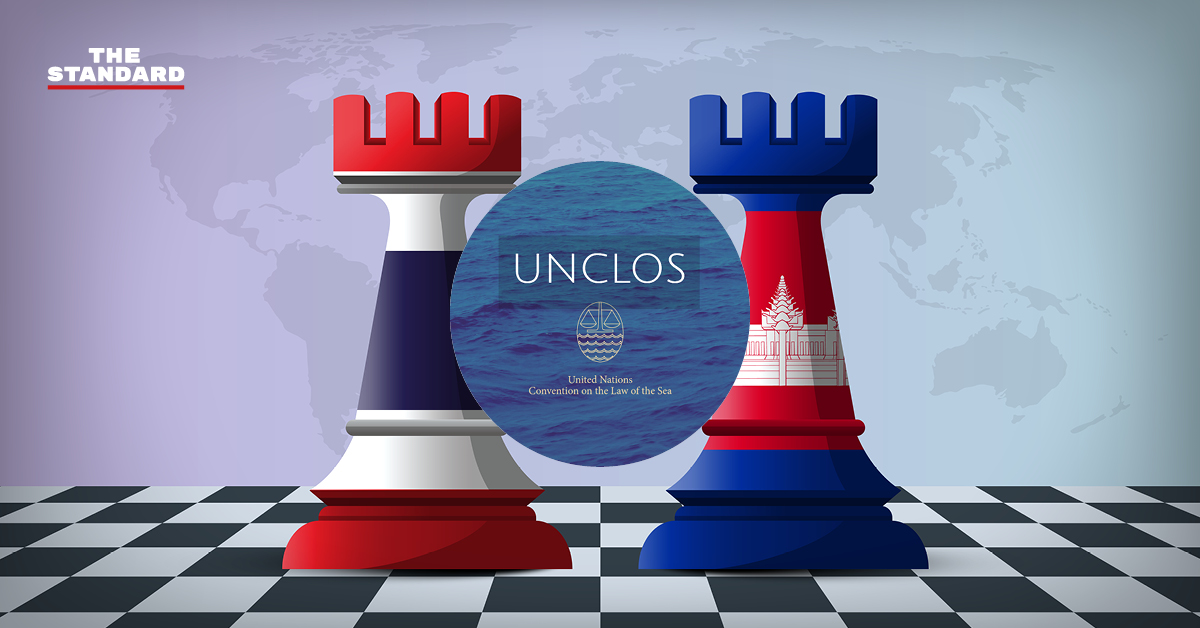 ภาพหมากรุกไทย-กัมพูชา โดยมีโลโก้ UNCLOS อยู่ตรงกลาง