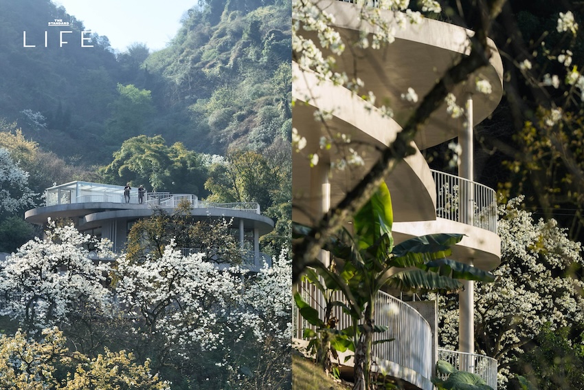 ภาพอาคาร Feixue Pavilion ในจีน แสดงสถาปัตยกรรมปูนเปลือยที่ดูแข็งแกร่งแต่มีเส้นสายโค้งมนอ่อนโยน 1