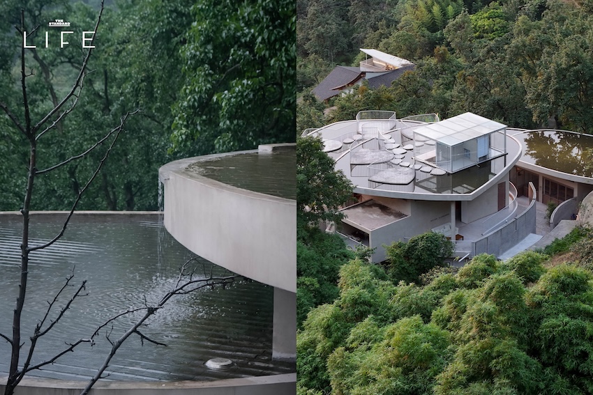 ภาพอาคาร Feixue Pavilion ในจีน แสดงสถาปัตยกรรมปูนเปลือยที่ดูแข็งแกร่งแต่มีเส้นสายโค้งมนอ่อนโยน 4
