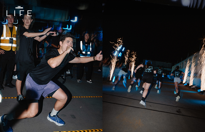 นักวิ่งกำลังแข่งขันในงาน On Squad Race บนทางลาดชันภายในอาคารจอดรถ 2