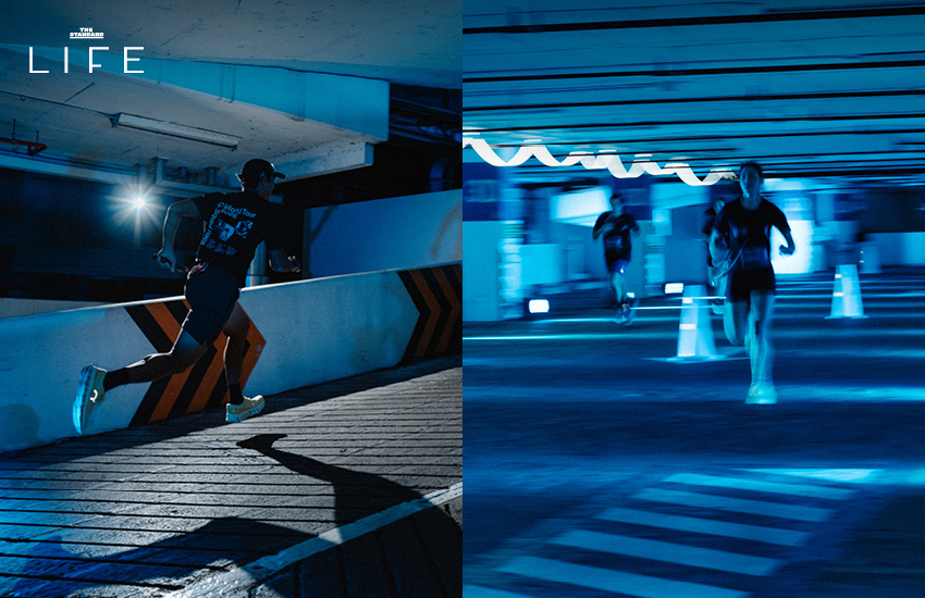 นักวิ่งกำลังแข่งขันในงาน On Squad Race บนทางลาดชันภายในอาคารจอดรถ 4