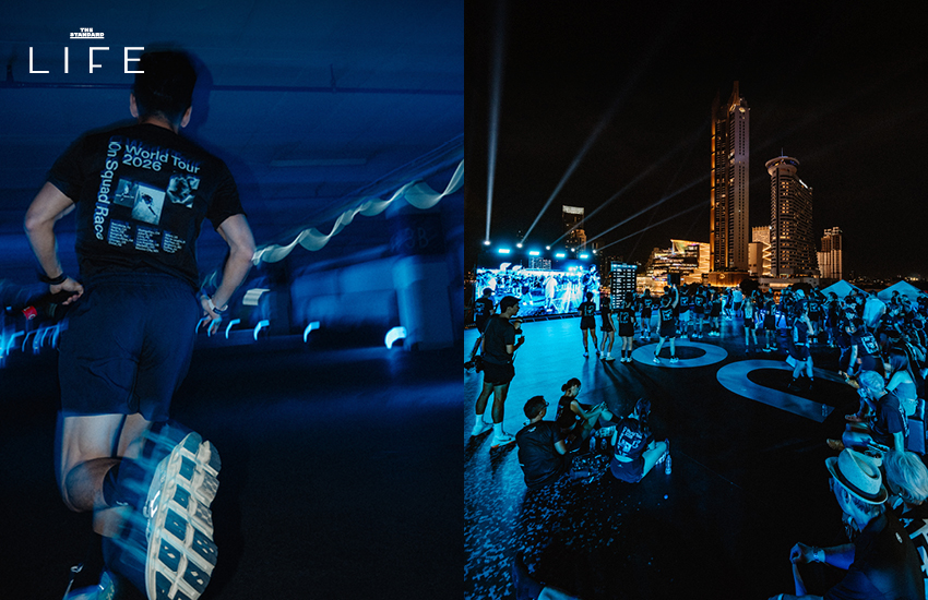 นักวิ่งกำลังแข่งขันในงาน On Squad Race บนทางลาดชันภายในอาคารจอดรถ 9
