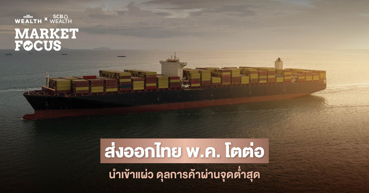 ภาพกราฟิกแสดงตัวเลขการส่งออกนำเข้าและดุลการค้าของไทย