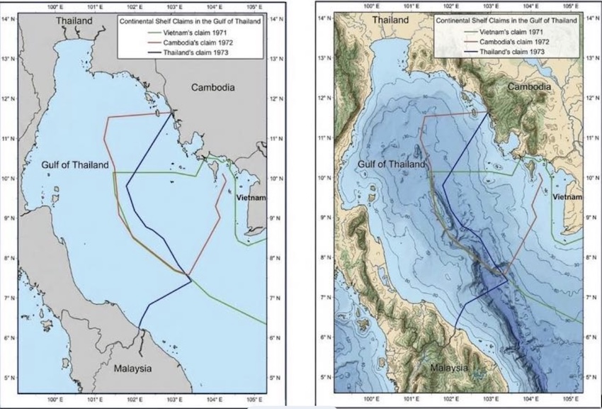 แผนที่อ่าวไทยแสดงพื้นที่อ้างสิทธิทับซ้อนทางทะเลระหว่างไทยและกัมพูชา 1