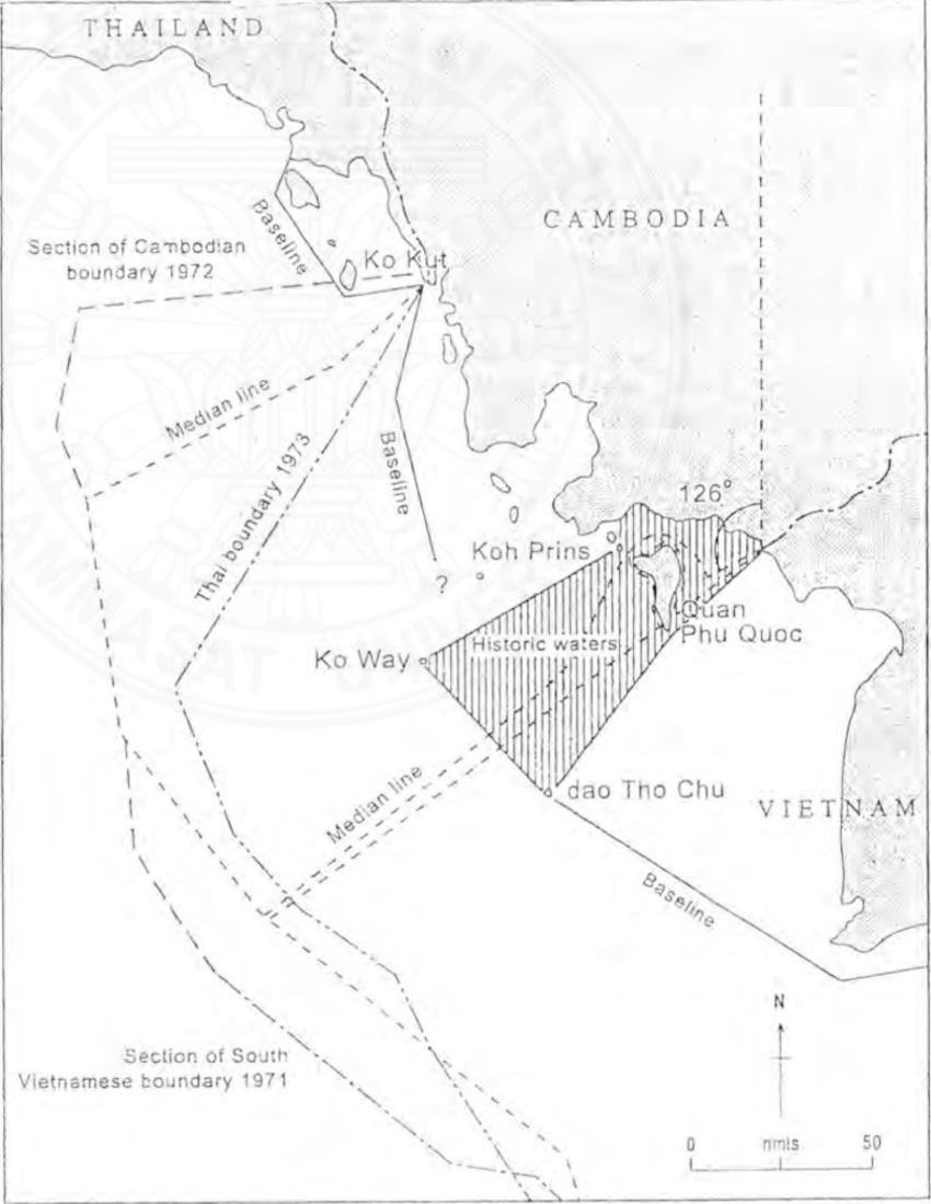 แผนที่อ่าวไทยแสดงพื้นที่อ้างสิทธิทับซ้อนทางทะเลระหว่างไทยและกัมพูชา 2