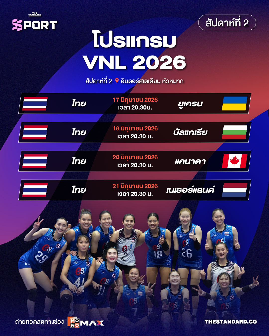 ภาพอินโฟกราฟิกแสดงโปรแกรมการแข่งขันวอลเลย์บอลหญิงไทยในศึก VNL 2026 สัปดาห์ที่ 2 1