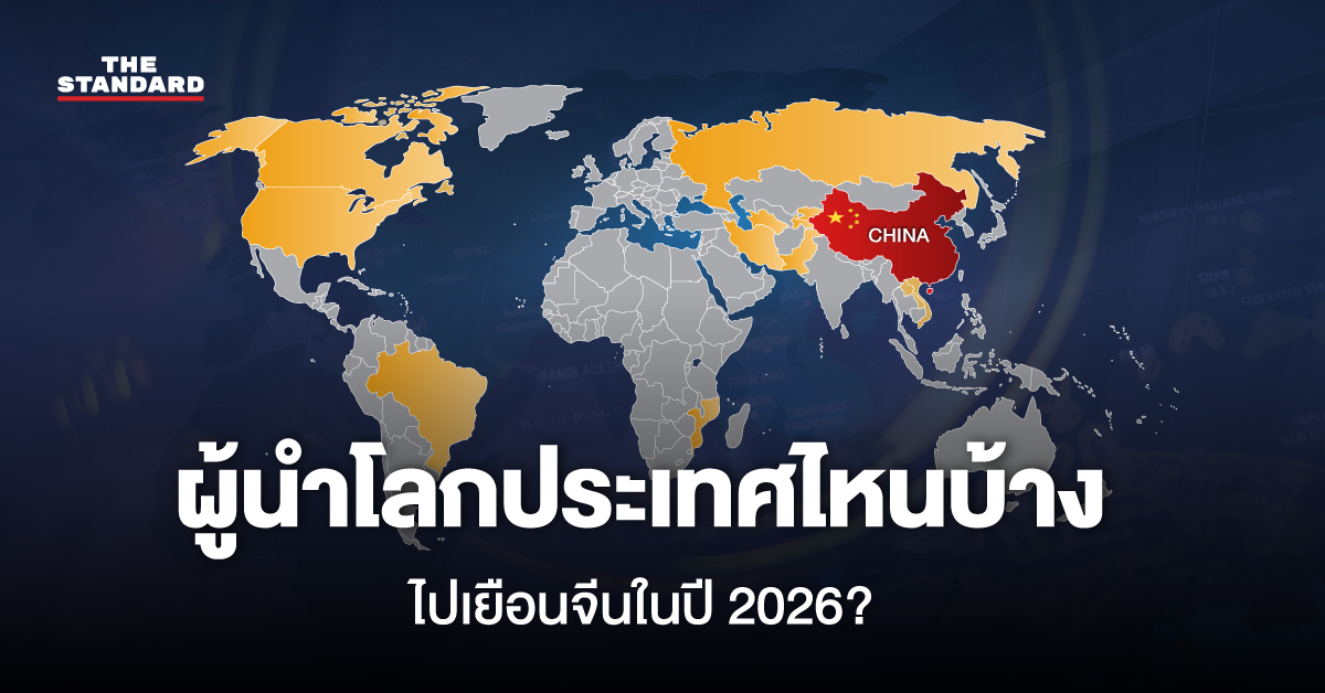 แผนที่โลกแสดงประเทศจีนที่ถูกไฮไลต์ พร้อมธงและรายชื่อผู้นำโลกที่เยือนจีนในปี 2026