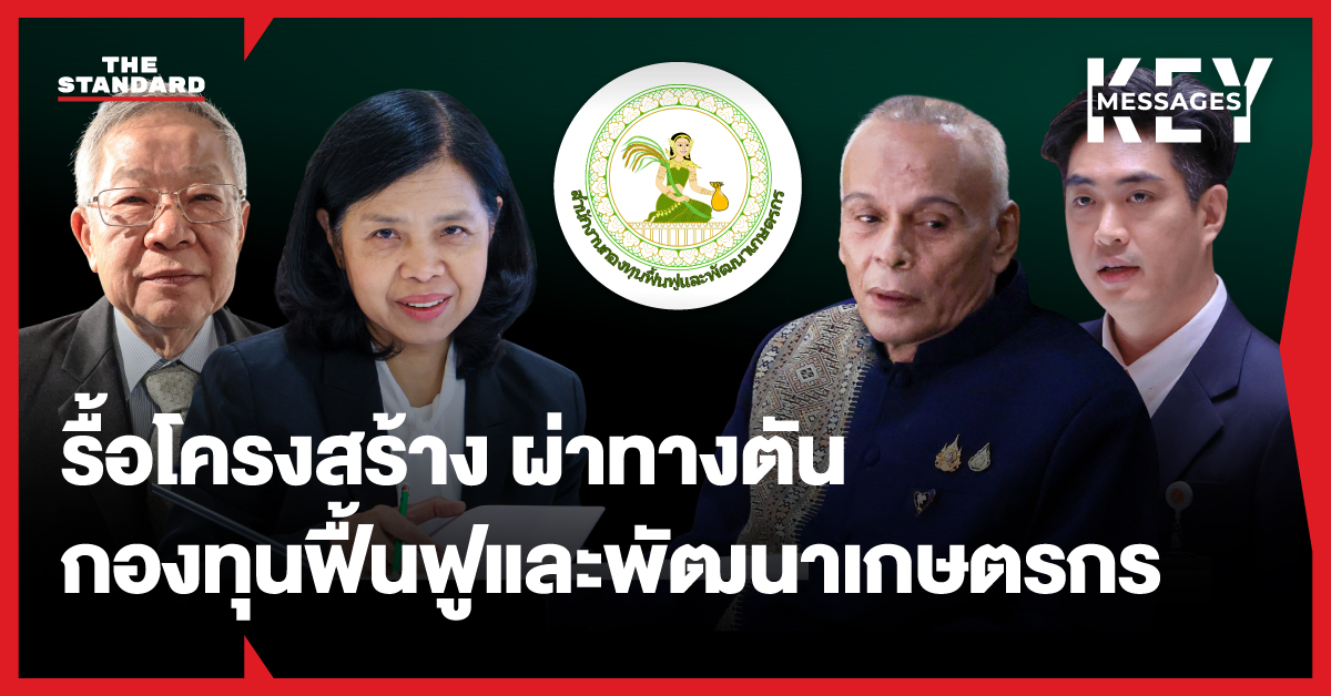 โลโก้กองทุนฟื้นฟูและพัฒนาเกษตรกร มีภาพบุคคลรายล้อม
