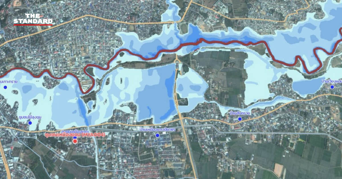 ภาพแสดงแผนที่พื้นที่เสี่ยงน้ำท่วมริมแม่น้ำสายจาก GISTDA