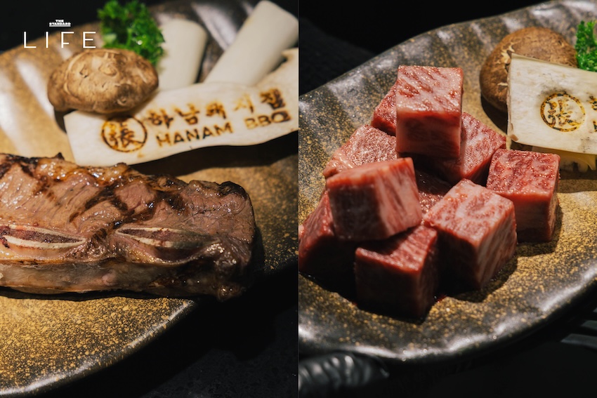 ภาพปิ้งย่างหมูสามชั้นและเนื้อบนเตาถ่านในร้าน HANAM BBQ 6