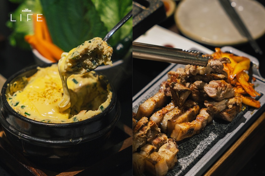 ภาพปิ้งย่างหมูสามชั้นและเนื้อบนเตาถ่านในร้าน HANAM BBQ 7