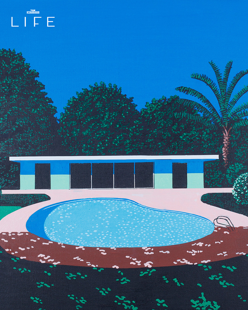 ภาพวาดสไตล์ City Pop ของ Hiroshi Nagai ที่มีท้องฟ้าสีฟ้าเข้ม สระว่ายน้ำ และต้นปาล์ม 1