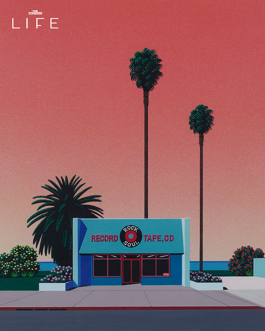 ภาพวาดสไตล์ City Pop ของ Hiroshi Nagai ที่มีท้องฟ้าสีฟ้าเข้ม สระว่ายน้ำ และต้นปาล์ม 2
