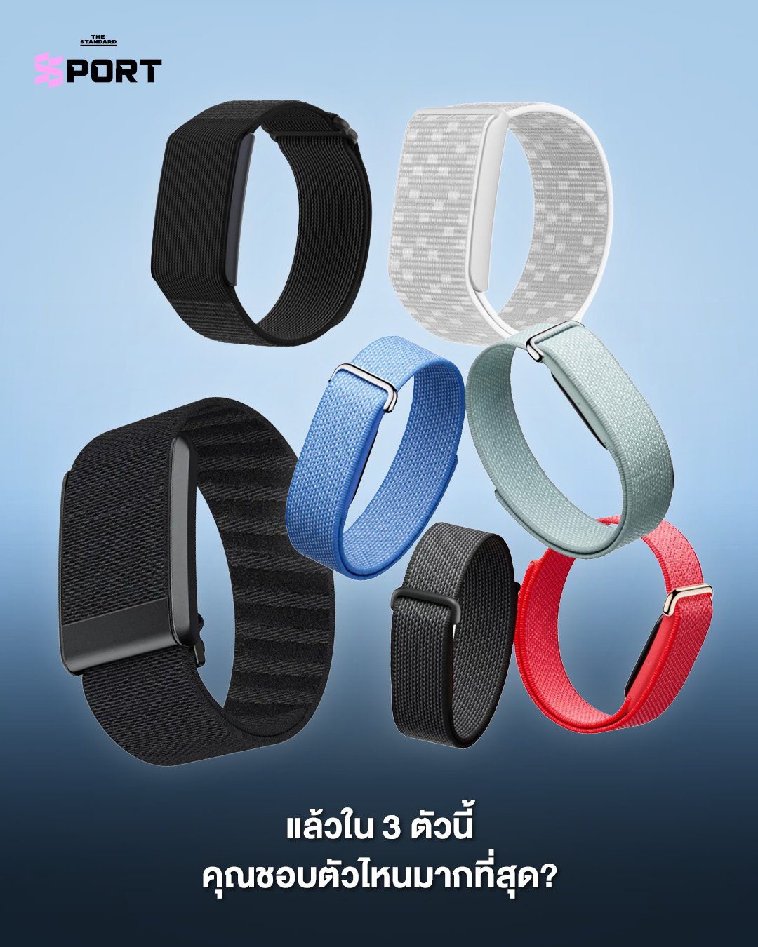 ภาพเปรียบเทียบ Smart Band 3 รุ่น ได้แก่ Google Fitbit Air, Whoop และ Amazfit Helio Strap 10