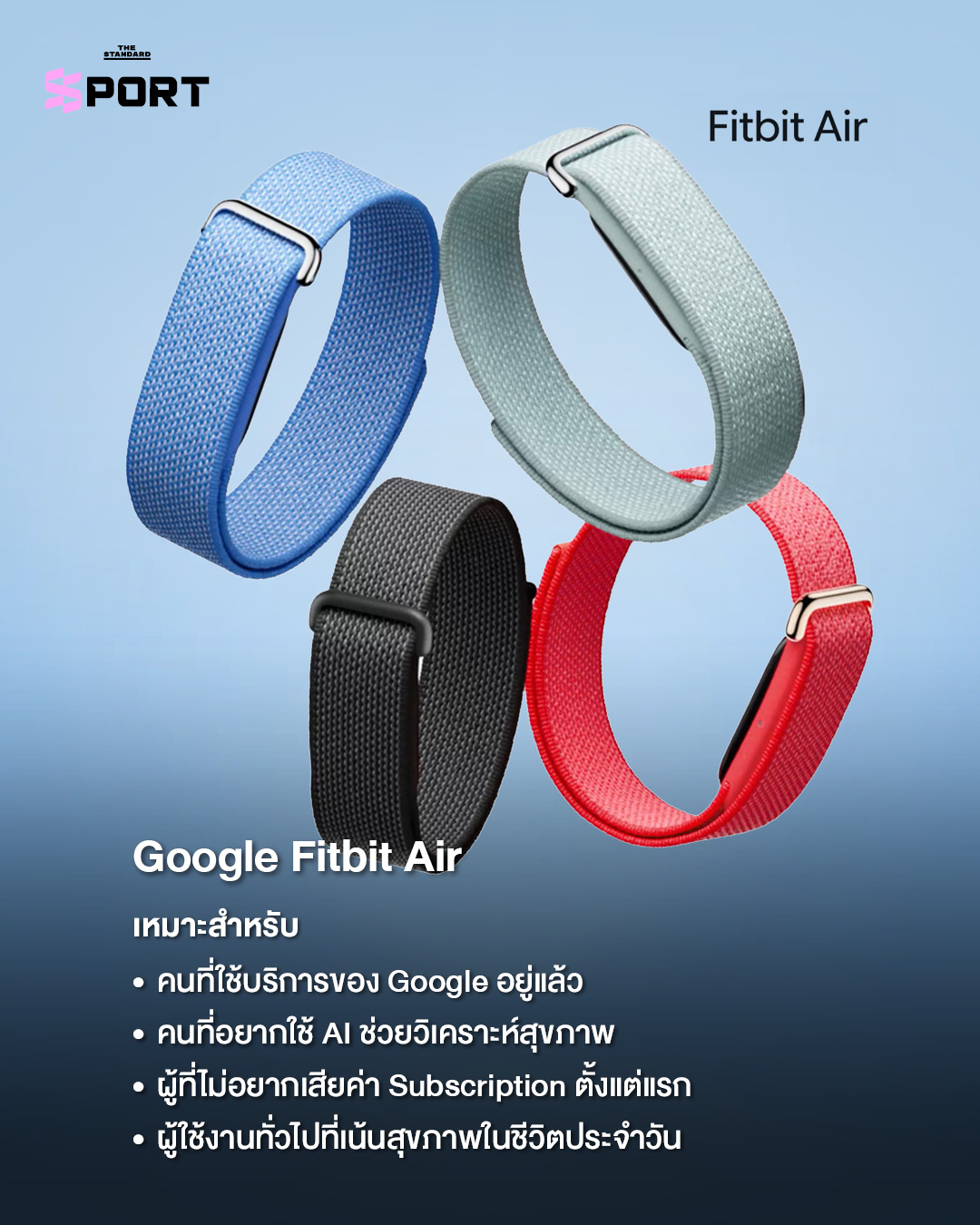 ภาพเปรียบเทียบ Smart Band 3 รุ่น ได้แก่ Google Fitbit Air, Whoop และ Amazfit Helio Strap 3