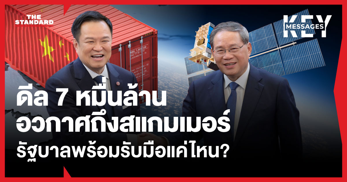 นายกฯไทย-จีน จับมือกัน โดยมีภาพสินค้าจีนบนแผนที่ไทยและดาวเทียมโคจรเป็นฉากหลัง