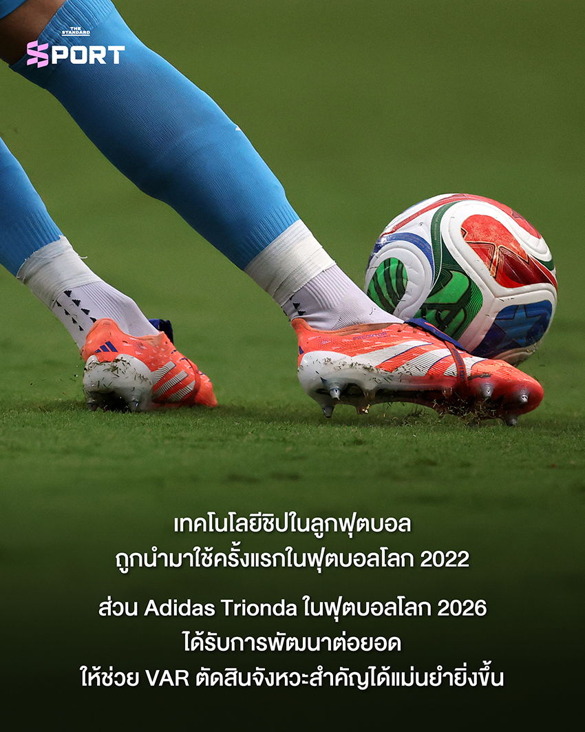 ภาพลูกฟุตบอล Trionda ที่เผยให้เห็นชิปเซนเซอร์ภายใน พร้อมฉากหลังเป็นจอ VAR 6