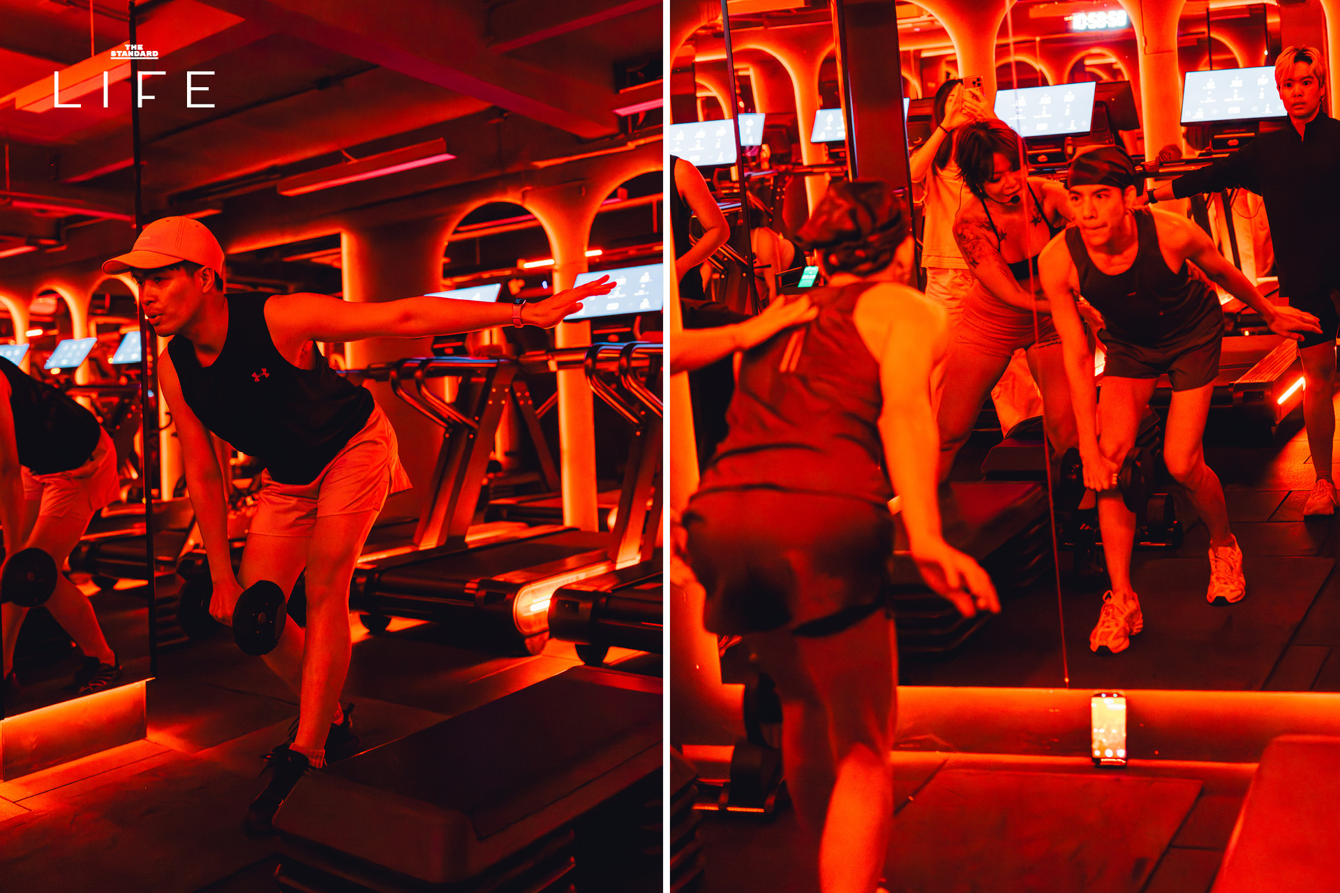 ผู้คนกำลังออกกำลังกายในคลาส HIIT + ASS & ABS ภายในยิม VAULT ที่ตกแต่งด้วยโทนสีแดง 12