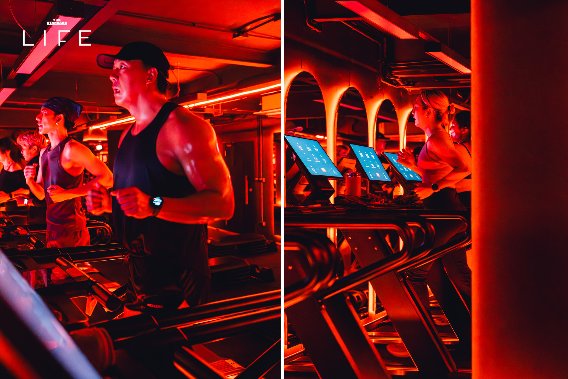 ผู้คนกำลังออกกำลังกายในคลาส HIIT + ASS & ABS ภายในยิม VAULT ที่ตกแต่งด้วยโทนสีแดง 15