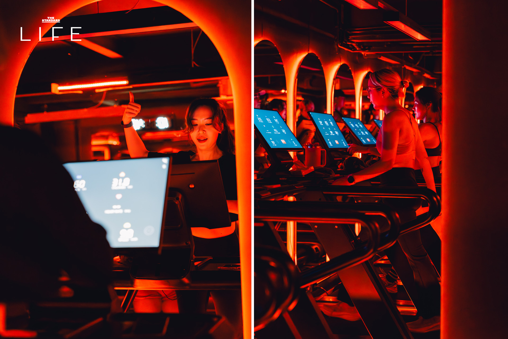 ผู้คนกำลังออกกำลังกายในคลาส HIIT + ASS & ABS ภายในยิม VAULT ที่ตกแต่งด้วยโทนสีแดง 8