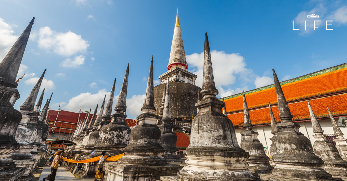 ภาพมุมสูงขององค์พระบรมธาตุเจดีย์ วัดพระมหาธาตุวรมหาวิหาร นครศรีธรรมราช