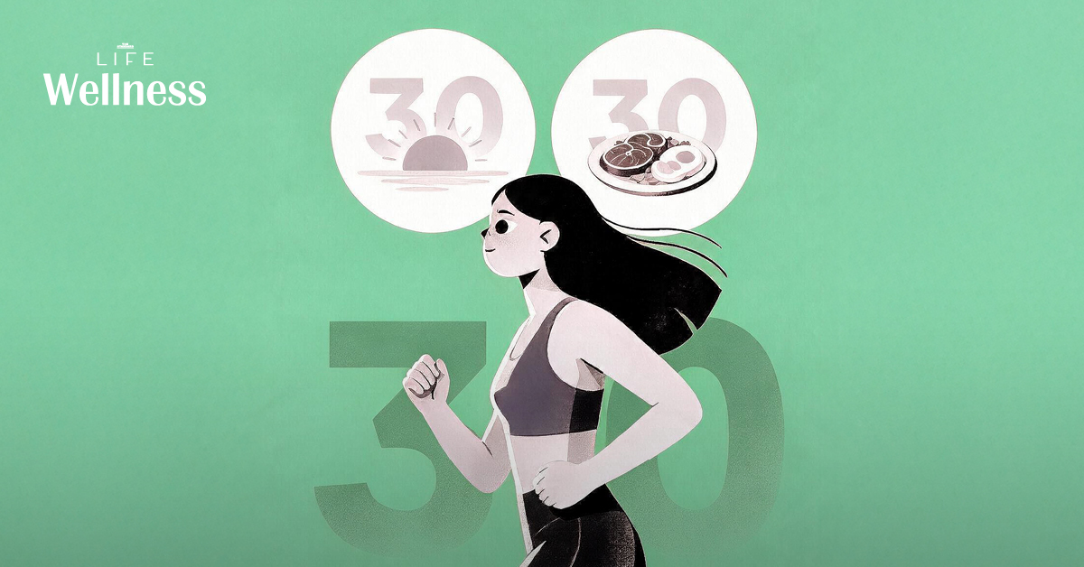 ภาพประกอบแสดงแนวคิดกฎ 30-30-30 สำหรับการลดน้ำหนัก ซึ่งเป็นเทรนด์ไวรัลบน TikTok