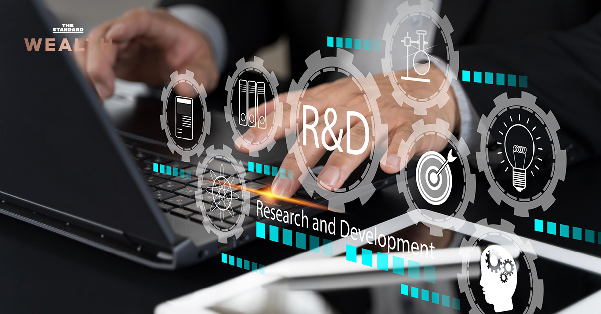 ภาพกราฟิกแสดงแนวคิดการวิจัยและพัฒนา (R&D) โดยมีข้อความระบุว่าจีนครองแชมป์ R&D โลก