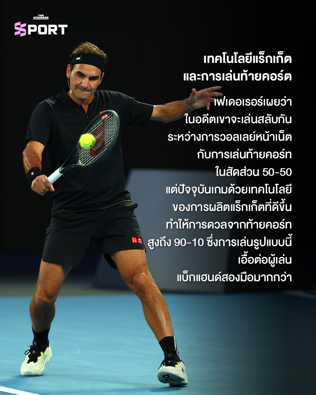 โรเจอร์ เฟเดอเรอร์ กำลังตีแบ็กแฮนด์มือเดียวในการแข่งขันเทนนิส 3