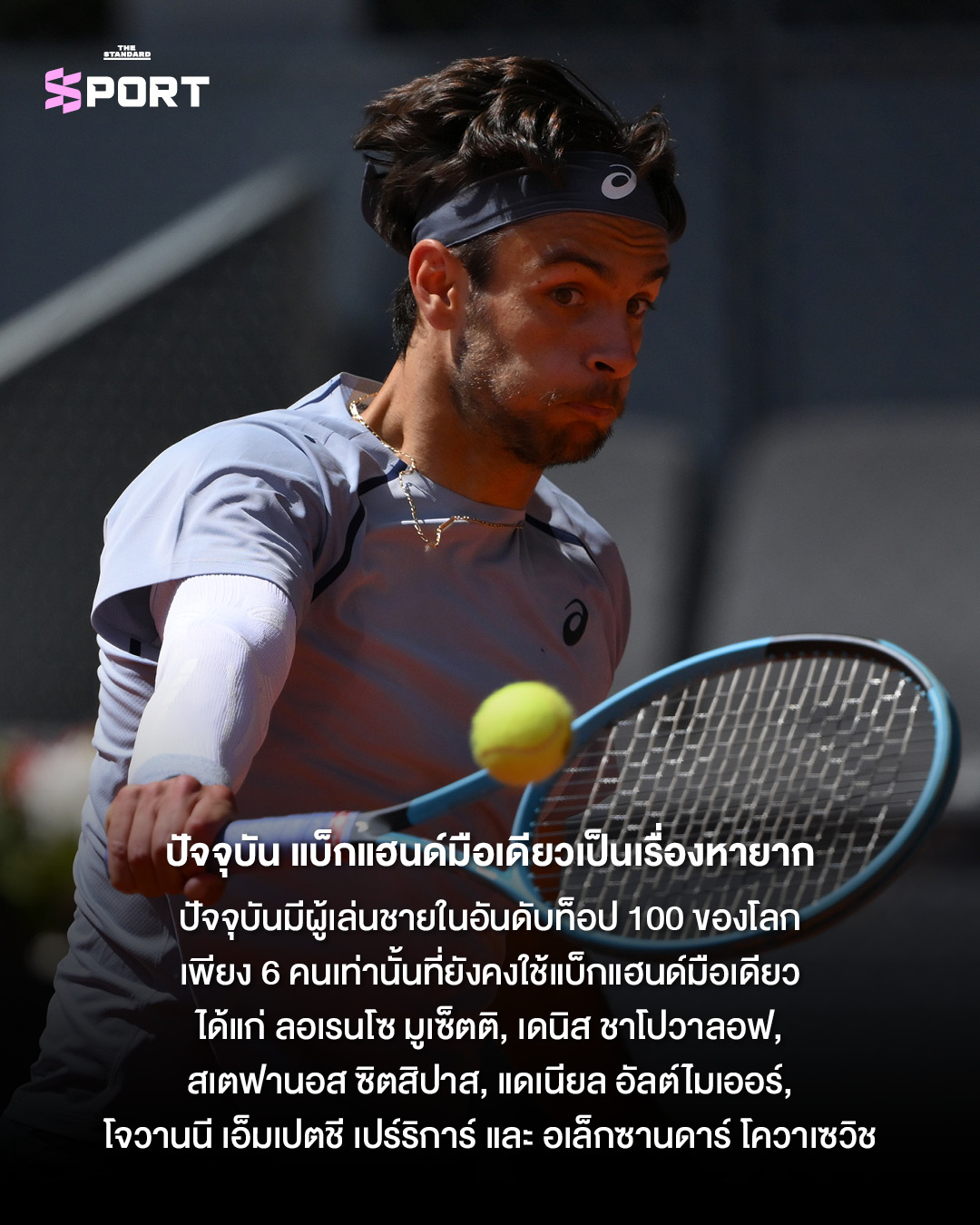 โรเจอร์ เฟเดอเรอร์ กำลังตีแบ็กแฮนด์มือเดียวในการแข่งขันเทนนิส 6