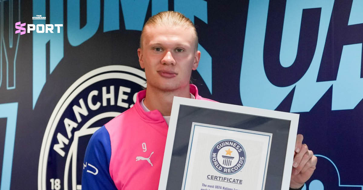 ภาพ เออร์ลิง ฮาลันด์ ดาวยิงแมนฯ ซิตี พร้อมข้อความระบุ 4 สถิติโลกจาก Guinness World Records