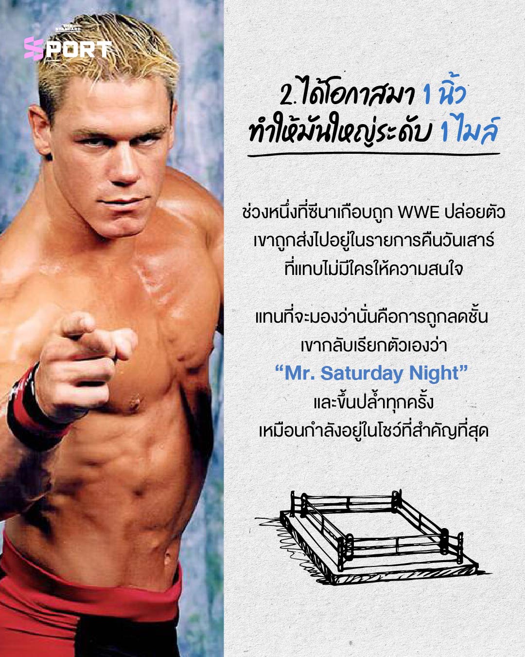 ภาพจอห์น ซีนาในชุดสูท ยืนอยู่หน้าภาพพื้นหลังที่รวมภาพเขาสมัยเป็นนักมวยปล้ำและนักแสดง 3