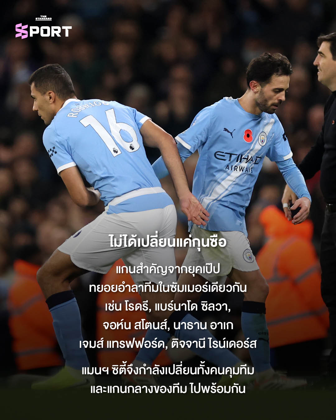 นักฟุตบอลแมนเชสเตอร์ ซิตี้ ยืนรวมกันในชุดแข่ง 2