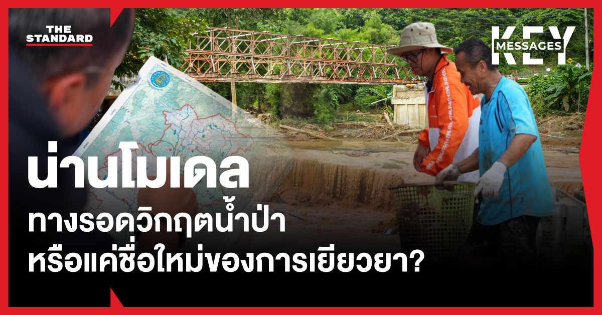 ภาพมุมสูงแสดงน้ำป่าสีแดงขุ่นและโคลนท่วมบ้านเรือนในจังหวัดน่าน