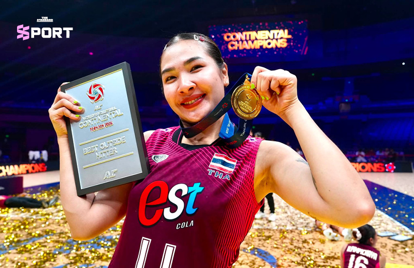 ภาพนักวอลเลย์บอลหญิงทีมชาติไทยกำลังฉลองชัยชนะหลังคว้าแชมป์เอเชีย 8