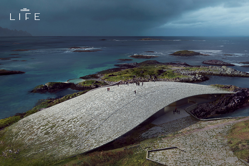 ภาพอาคาร The Whale ศูนย์เรียนรู้เรื่องวาฬในนอร์เวย์ ที่มีรูปทรงโค้งกลมกลืนกับธรรมชาติริมทะเล 2
