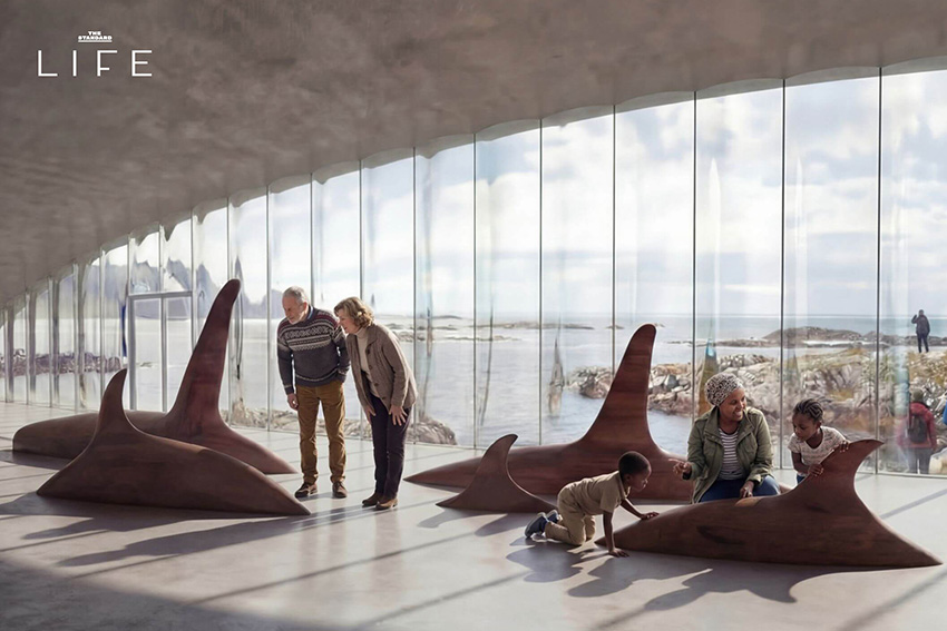 ภาพอาคาร The Whale ศูนย์เรียนรู้เรื่องวาฬในนอร์เวย์ ที่มีรูปทรงโค้งกลมกลืนกับธรรมชาติริมทะเล 6