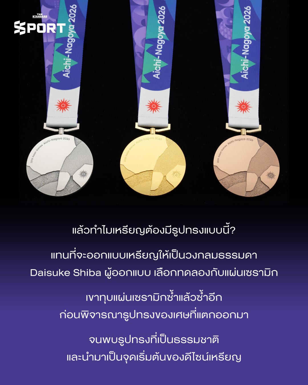 ภาพเหรียญรางวัลเอเชียนเกมส์ 2026 ที่มีดีไซน์เป็นชิ้นส่วนรอยแตกประกอบกัน 2