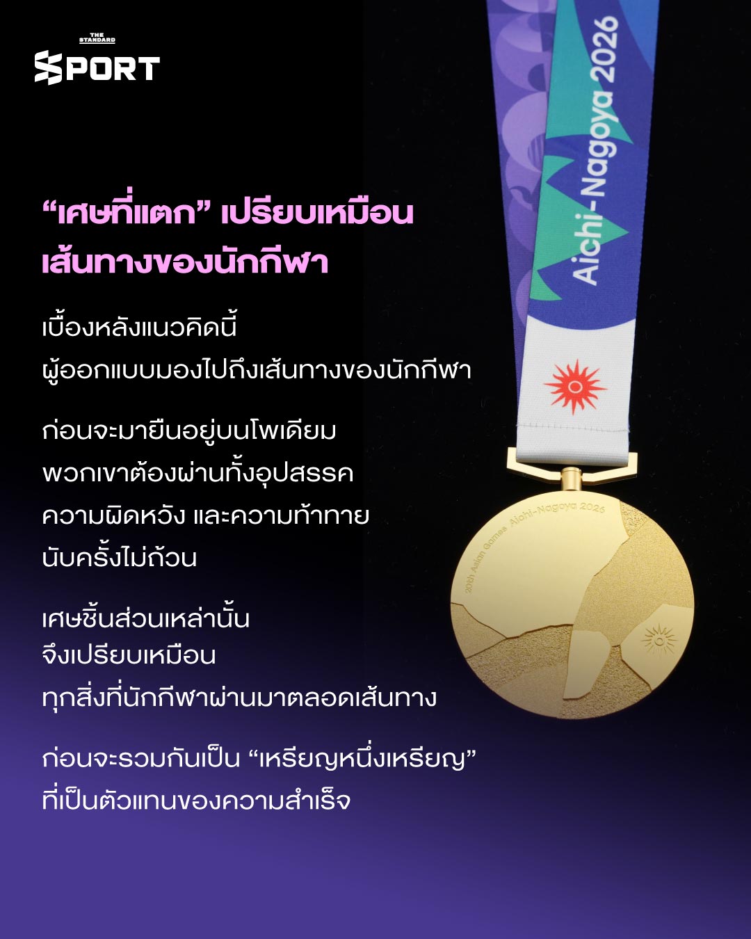 ภาพเหรียญรางวัลเอเชียนเกมส์ 2026 ที่มีดีไซน์เป็นชิ้นส่วนรอยแตกประกอบกัน 3
