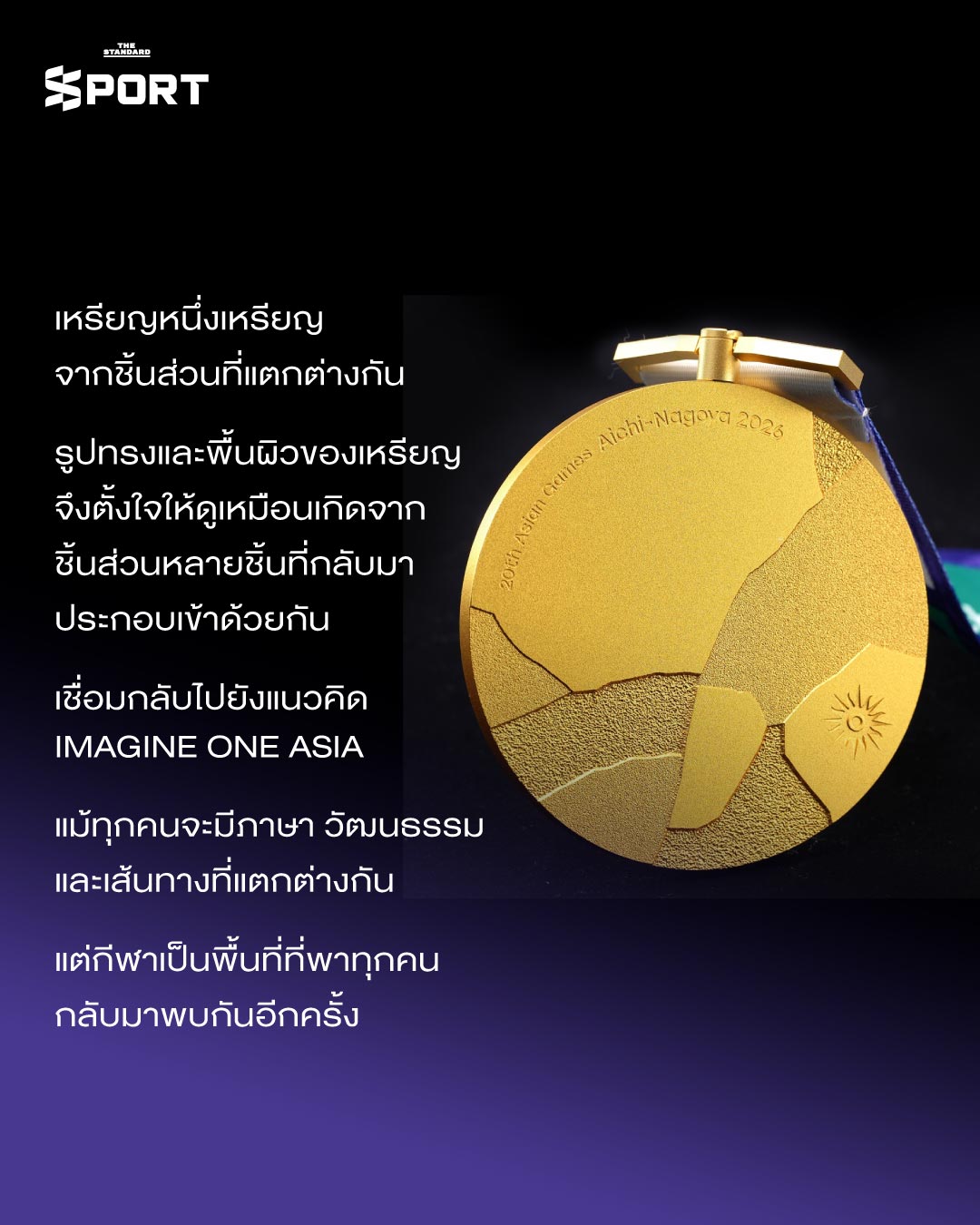 ภาพเหรียญรางวัลเอเชียนเกมส์ 2026 ที่มีดีไซน์เป็นชิ้นส่วนรอยแตกประกอบกัน 4