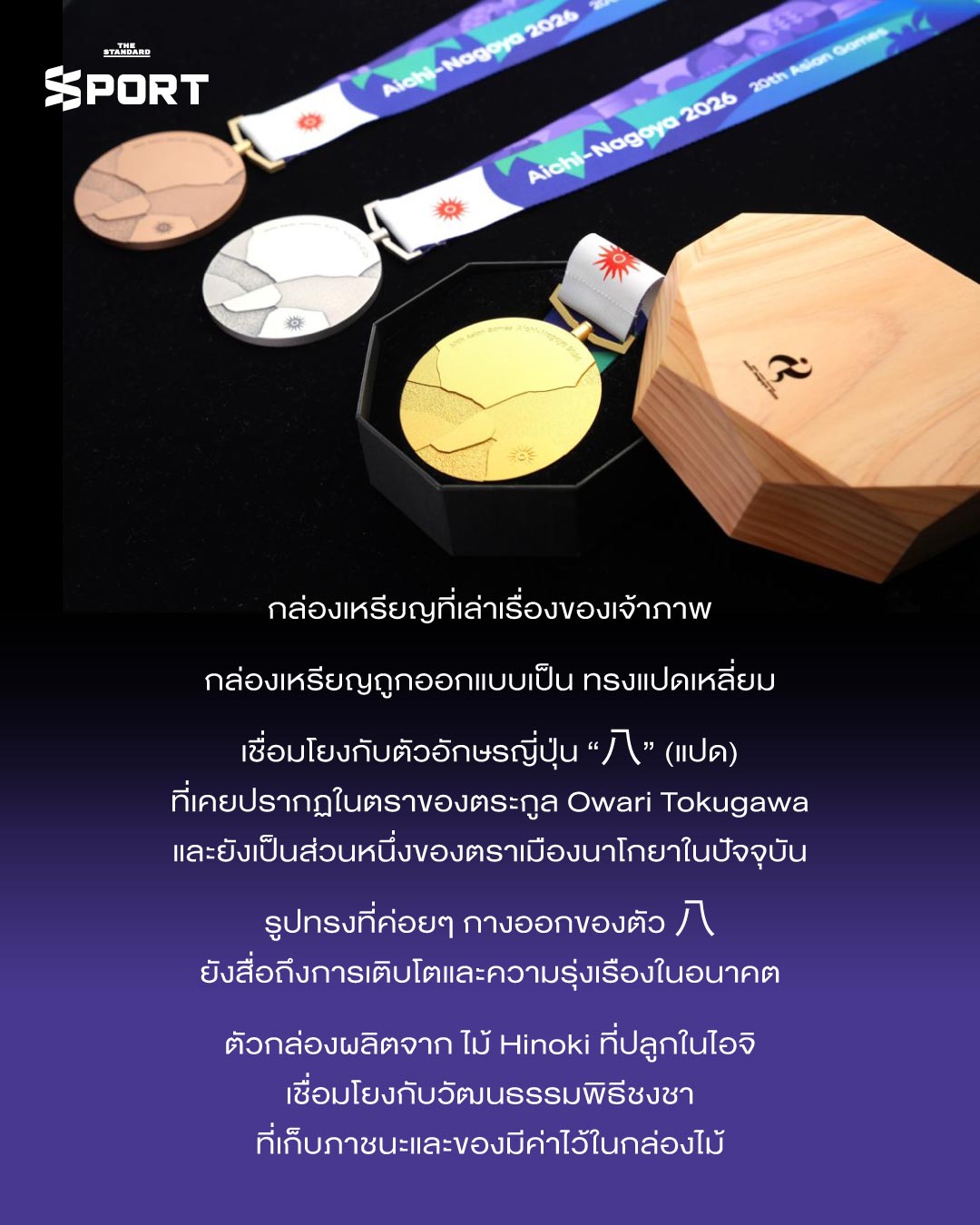 ภาพเหรียญรางวัลเอเชียนเกมส์ 2026 ที่มีดีไซน์เป็นชิ้นส่วนรอยแตกประกอบกัน 7
