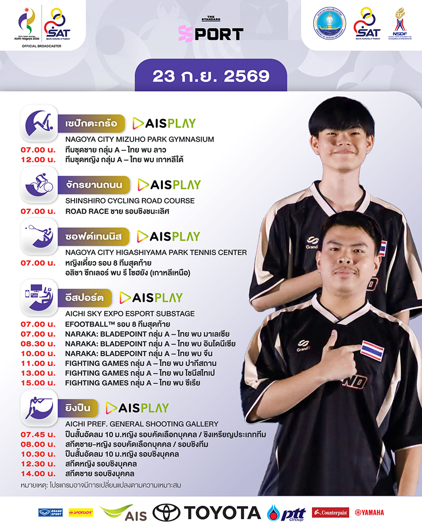 กราฟิกโปรแกรมการแข่งขันเอเชียนเกมส์ 2026 วันที่ 23 กันยายน พร้อมภาพนักกีฬาไทย 1