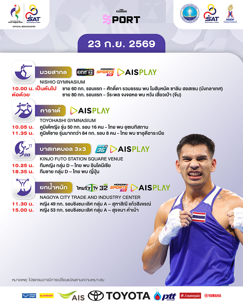 กราฟิกโปรแกรมการแข่งขันเอเชียนเกมส์ 2026 วันที่ 23 กันยายน พร้อมภาพนักกีฬาไทย 3