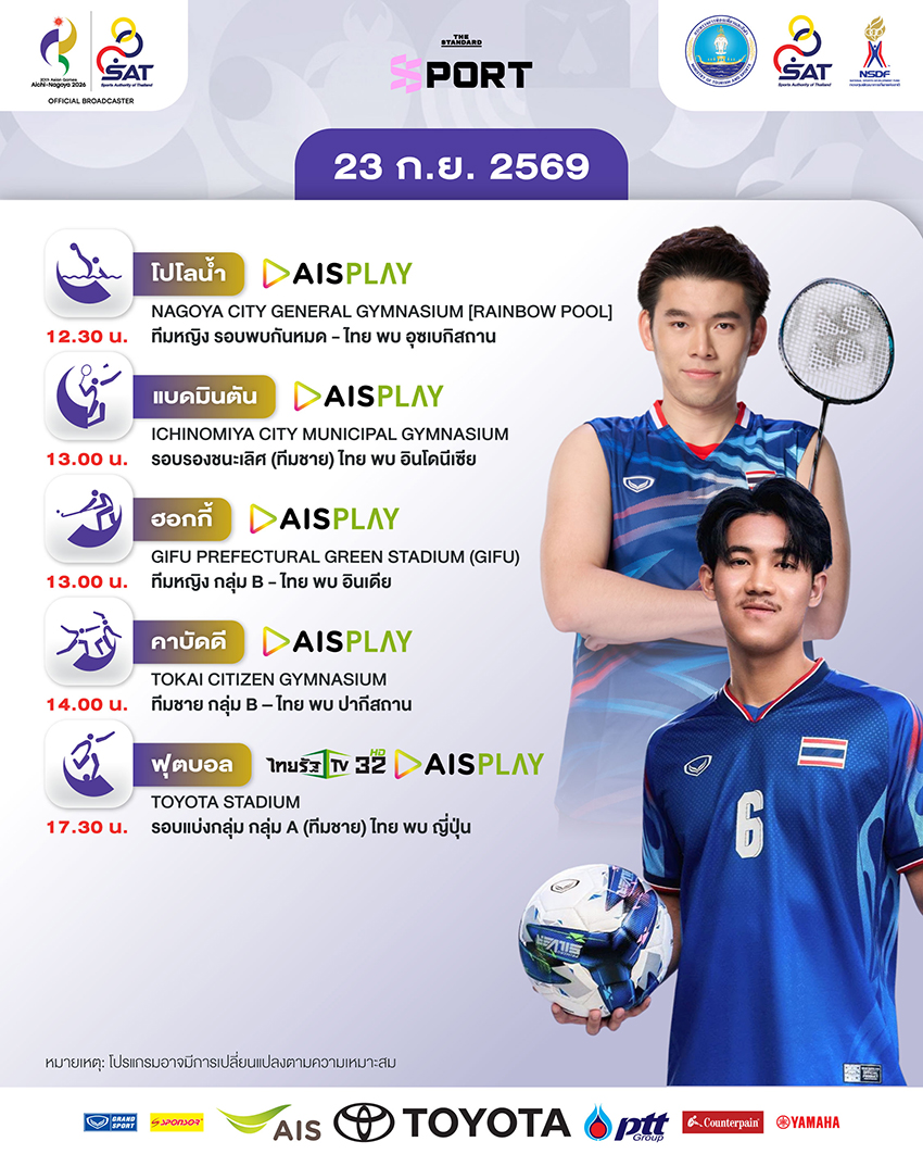 กราฟิกโปรแกรมการแข่งขันเอเชียนเกมส์ 2026 วันที่ 23 กันยายน พร้อมภาพนักกีฬาไทย 4