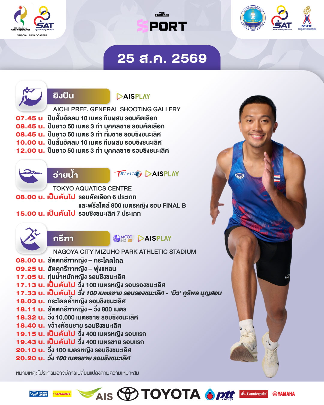 ภาพนักกีฬาไทยในการแข่งขันเอเชียนเกมส์ 2026 วันที่ 25 กันยายน 2