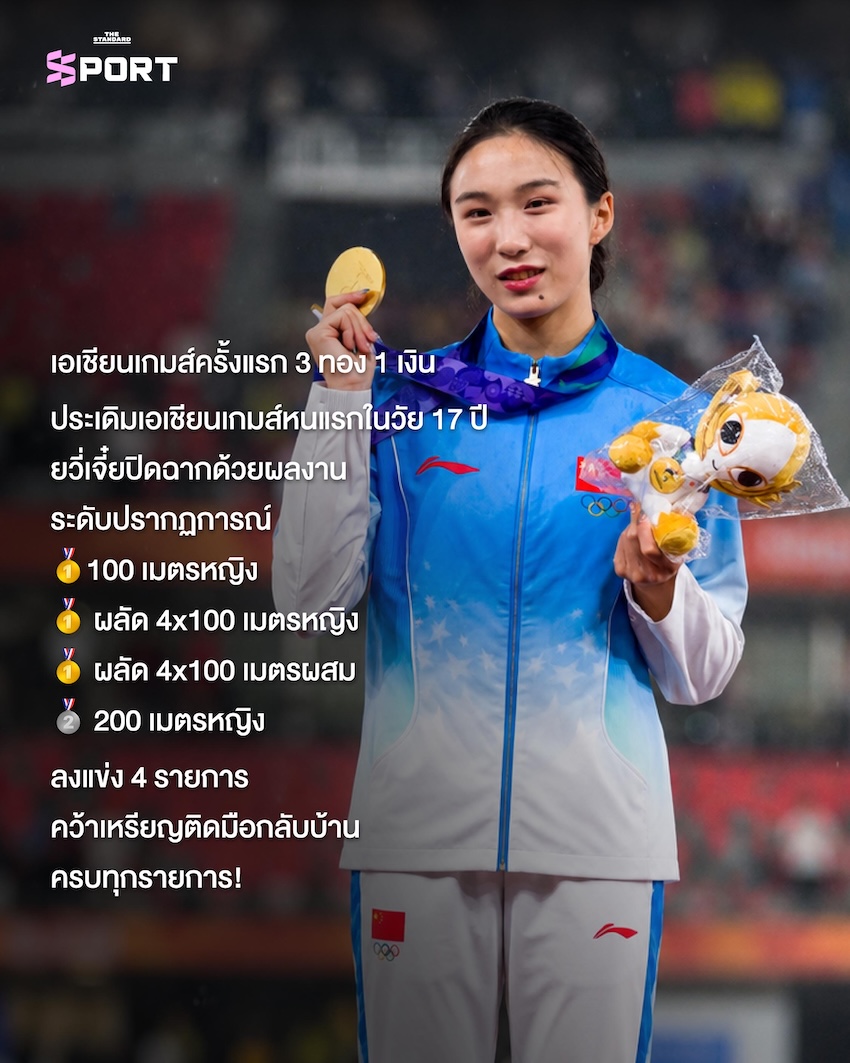 ภาพ เฉิน ยวี่เจี๋ย นักวิ่งสาวชาวจีนวัย 17 ปี กำลังฉลองชัยชนะหลังคว้าเหรียญทองในเอเชียนเกมส์ 6